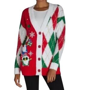 Holiday Time Christmas cardigan sweater Gnomes button up over sized sz M 8-10